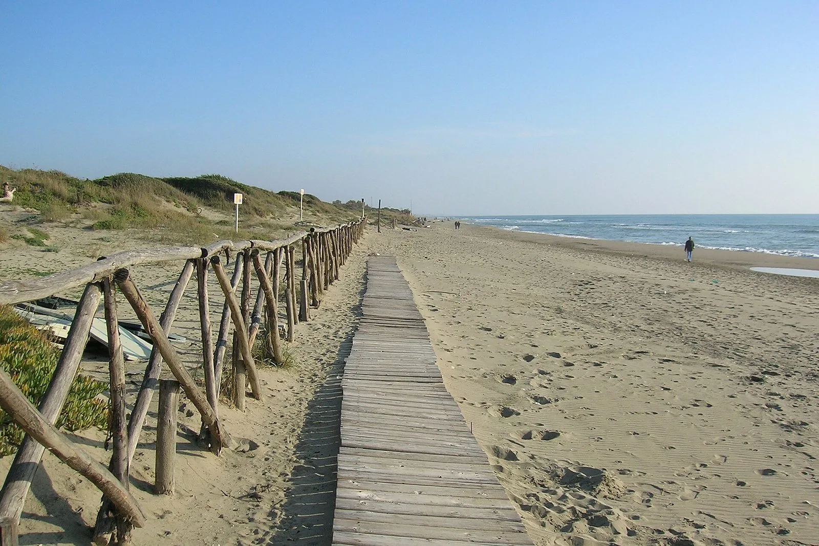 La spiaggia di Capocotta con una passerella di legno sulla sabbia, una staccionata di pali che protegge le dune coperte di vegetazione e il mare sulla destra sotto un cielo sereno
